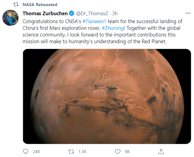 我国“天问一号”成功着陆火星，NASA：恭喜