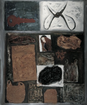 毛旭辉 《剪刀和包装袋》 180×150cm 布面油画、拼贴 1996 毛旭辉 《剪刀和包装袋》 180×150cm 布面油画、拼贴 1996