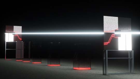 N-APE STUDIO 《显微镜》 100cm×20cm×30cm P2 LED屏幕、钢结构、亚克力、若干电源连接线、雷达传感器 2021(图片由艺术家提供) N-APE STUDIO 《显微镜》 100cm×20cm×30cm P2 LED屏幕、钢结构、亚克力、若干电源连接线、雷达传感器 2021(图片由艺术家提供)