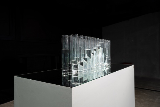 《双脊》 翡翠、玻璃杯、水 装置尺寸可变,40x90x24cm(翡翠)7700g 2021 《双脊》 翡翠、玻璃杯、水 装置尺寸可变,40x90x24cm(翡翠)7700g 2021