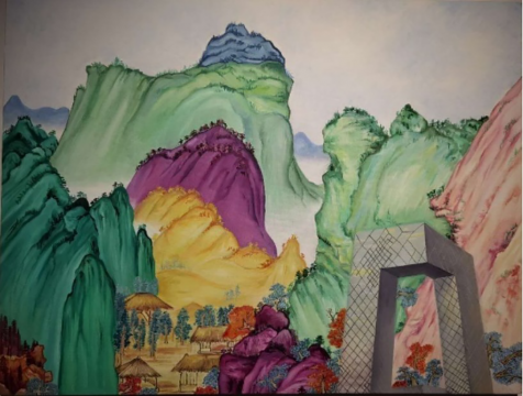 王明贤《王蒙山水+CCTV 》105×80cm 布面油画 2020 王明贤《王蒙山水+CCTV 》105×80cm 布面油画 2020