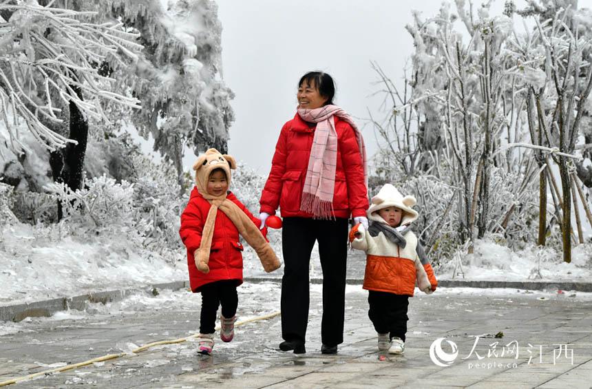 家长带着孩子们登上南昌最高处欣赏冰雪。 人民网 时雨摄
