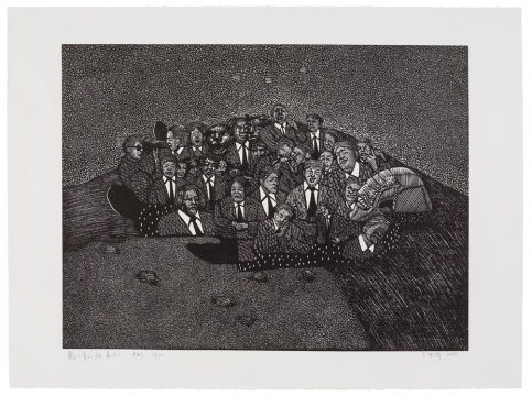 《戴口罩的病毒之二》,黑白木刻,76 × 56 cm,2020 《戴口罩的病毒之二》,黑白木刻,76 × 56 cm,2020