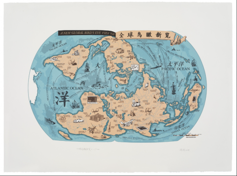 《世界鸟瞰新览》,丝网套色,76 × 56 cm,2019 《世界鸟瞰新览》,丝网套色,76 × 56 cm,2019