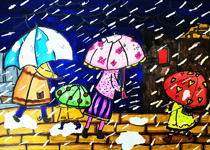 彩虹伞下的童趣世界：儿童画笔下的下雨天