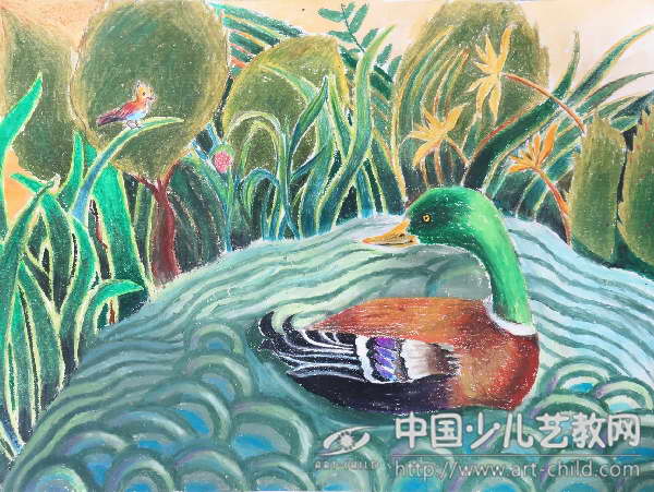 小鸟和绿头鸭——《少儿画苑》国际少儿书画大赛