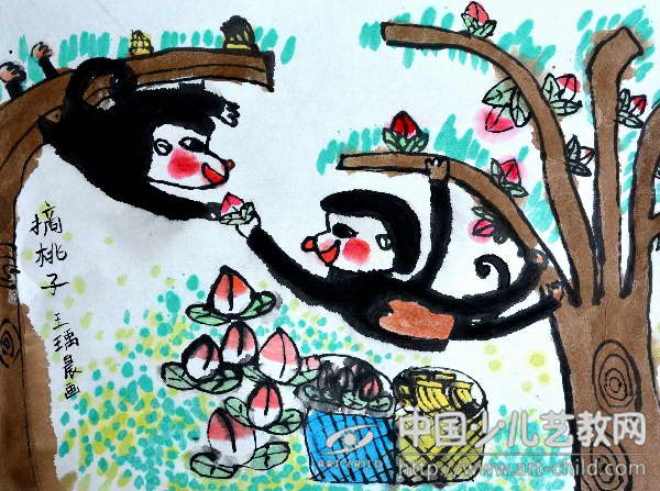 桃缘双趣：摘桃子——《少儿画苑》国际少儿书画大赛