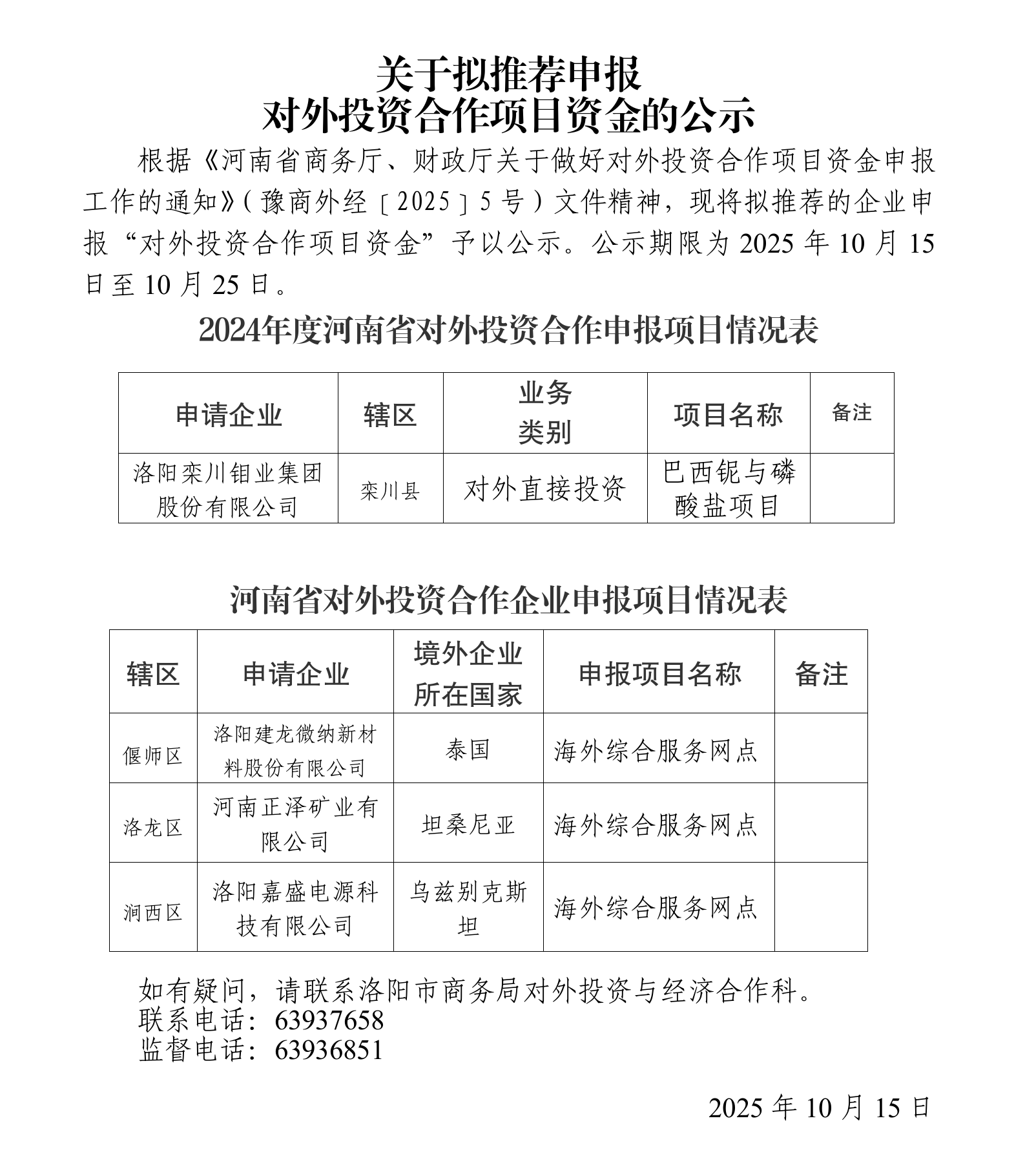 关于拟推荐申报对外投资合作项目资金的公示