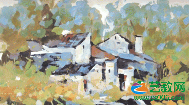 水粉画综合案例_湿画法_厚画法_林间小屋