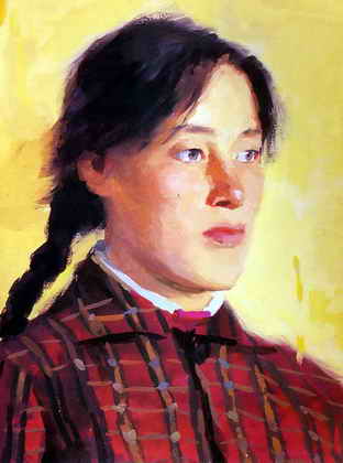 水粉画案例_穿红格衣服的女头像