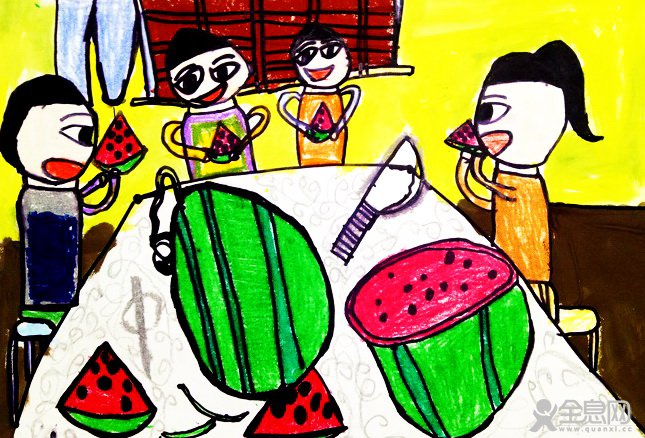 一家人吃西瓜——《少儿画苑》第27届国际少儿书画大赛精品