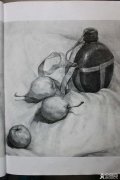 素描军用水壶加两个梨子与一个苹果