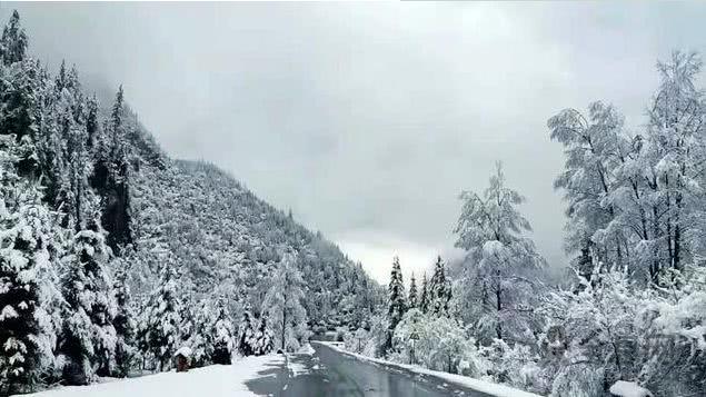 四川理县毕棚沟景区迎来首场降雪 显现别样色彩