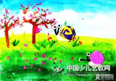 桃花树下散步的蜗牛-《少儿画苑》第27届国际少儿书画大赛