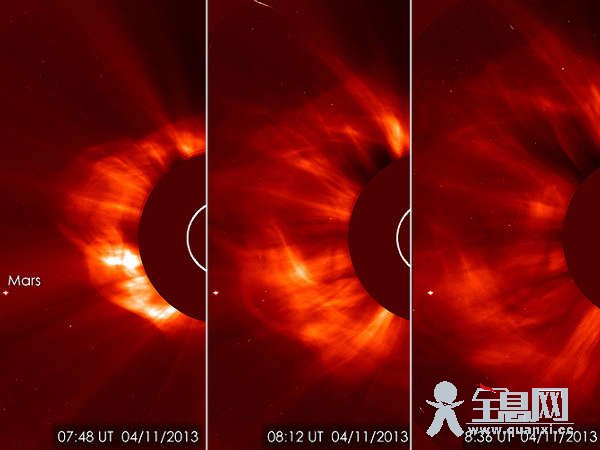 SOHO LASCO C3 instrument captured this image of a coronal mass ejection (CME) on the morning of April 11, 2013.